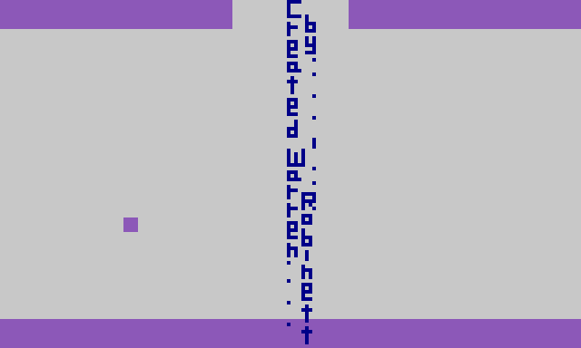 Blocky Atari 2600 screen showing the words Created by Warren Robinett in a hidden room of Adventure