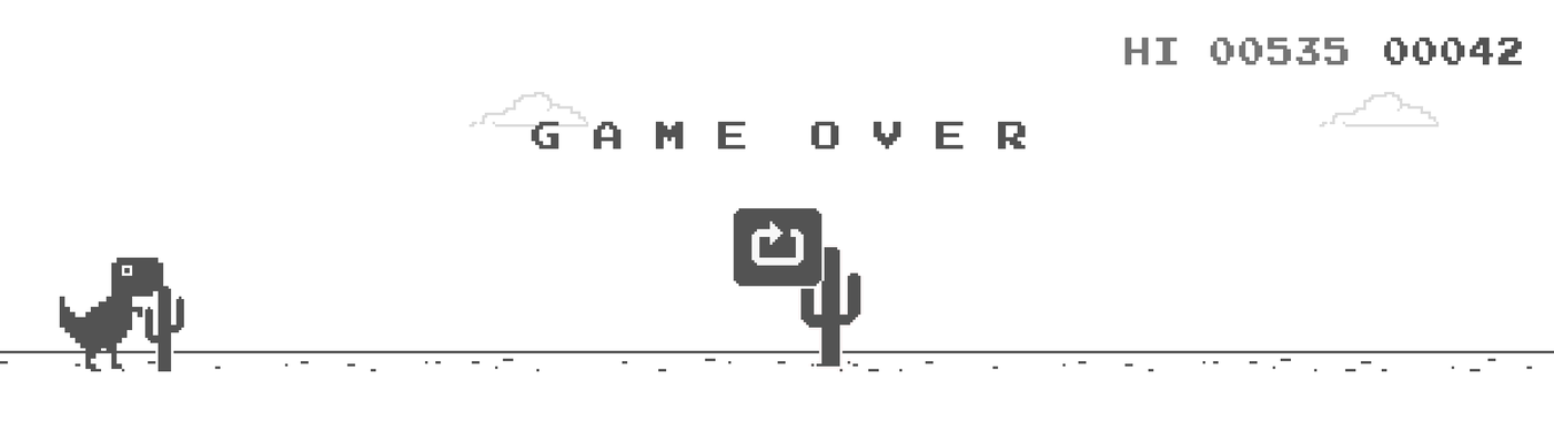 The pixel dinosaur from Chrome's offline page, mid-jump, with a game over message