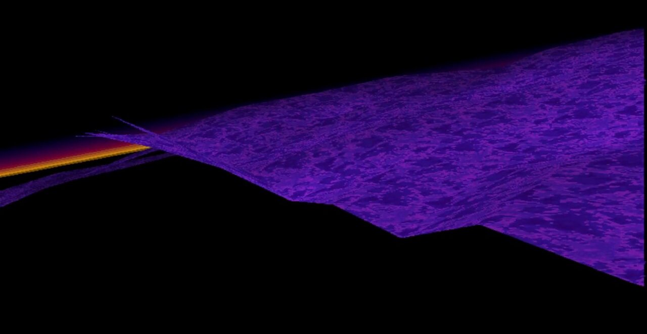 Jagged purple hills under a black sky with a thin orange sunset line at the horizon, rendered in the Excel 97 flight simulator