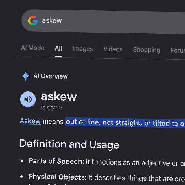 Google search results for the word askew, with the entire page tilted a few degrees