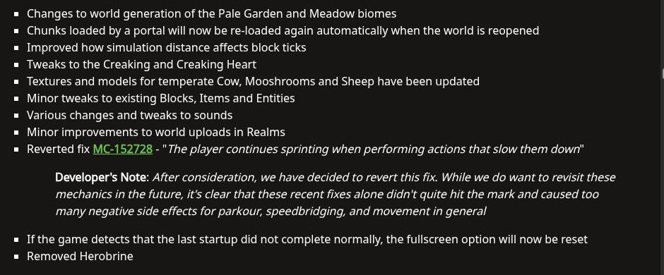 Official Minecraft 1.21.5 changelog with the line Removed Herobrine at the end of the list of changes