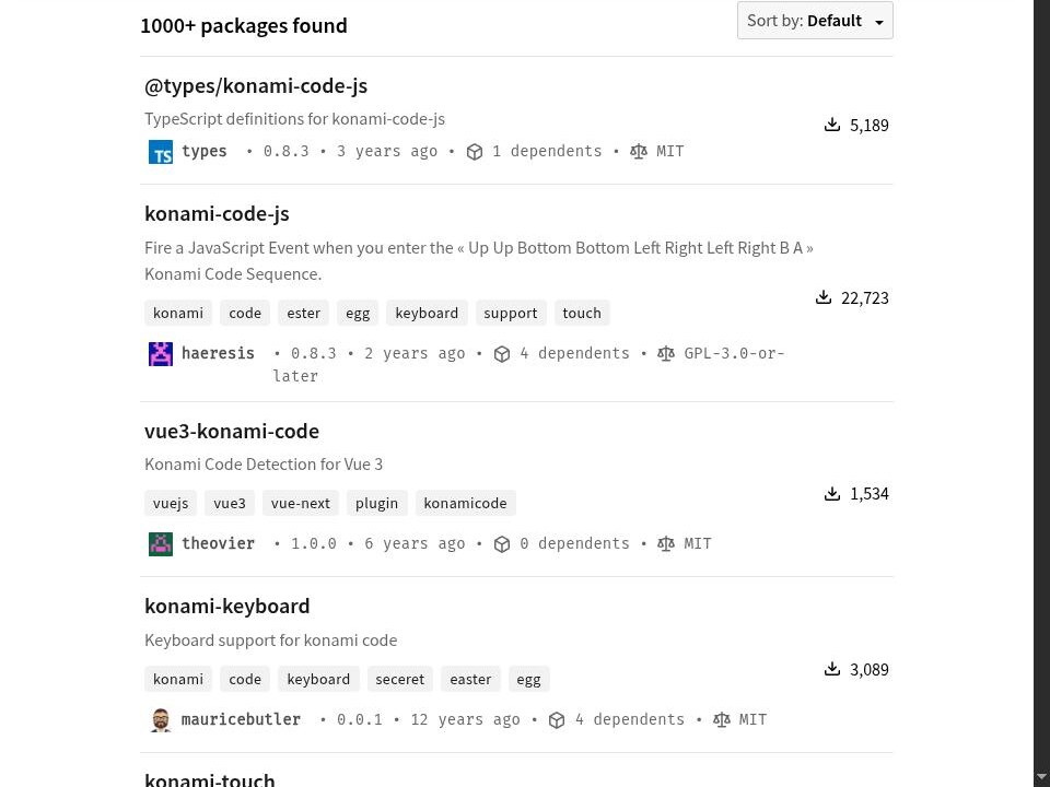 npm search results for konami code, showing over a thousand packages that listen for the sequence