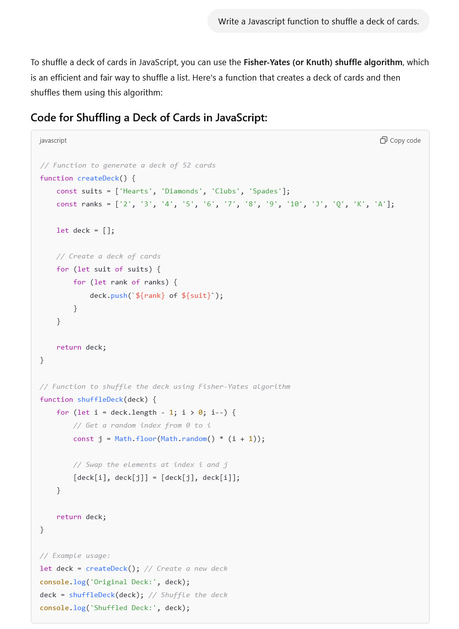 A ChatGPT conversation. Someone asks for a JavaScript function to shuffle a deck of cards and receives the full code with an explanation.